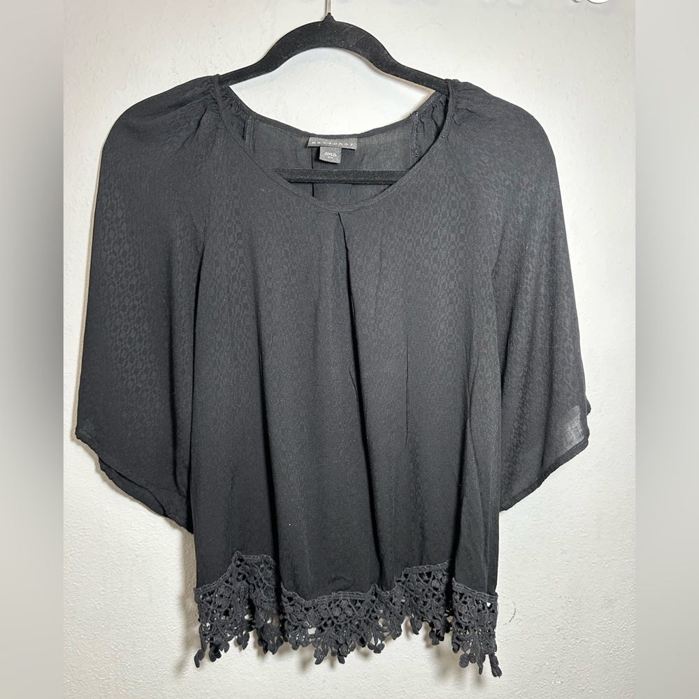 METAPHOR Black Sheer Rayon Top Crochet Hem Sz S Wide Short Sleeve Over Blouse